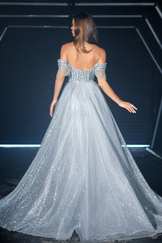 Silver off-the-shoulder gown, PS24941SILVER-1