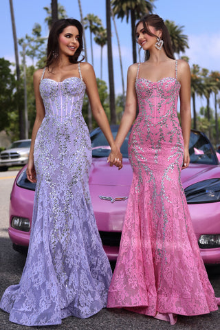 Lilac & Pink Silver Lace Prom Dresses