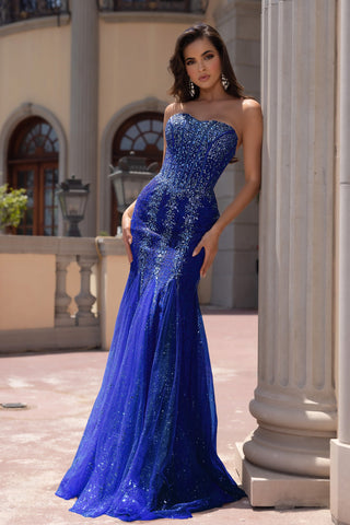 Cobalt blue one-shoulder formal gown, PS25169