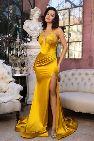 Gold evening gown with high slit