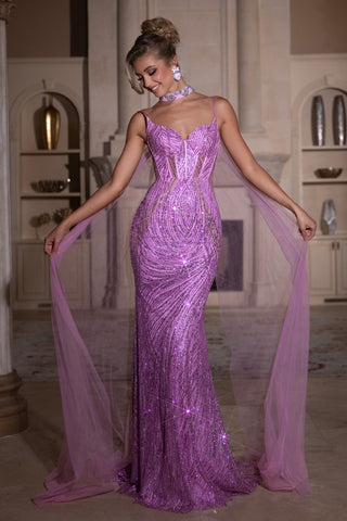 Pink sequin evening gown with train