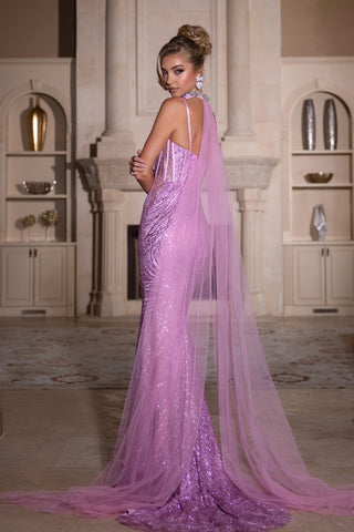 Pink formal gown with cape