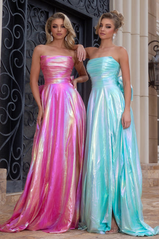 Two women in pink and aqua formal gowns