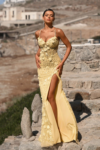 Yellow floral gown PS25294 with thigh slit