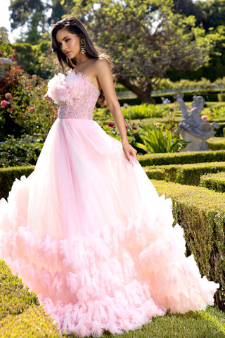 Pink formal dress PS25304 in garden setting