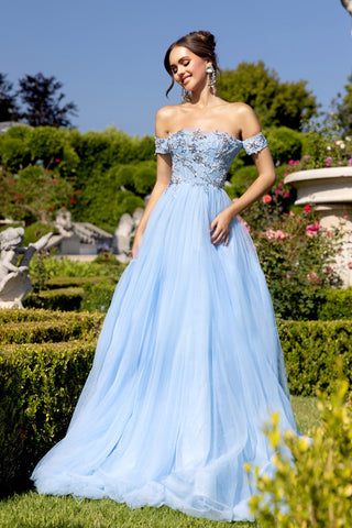 Light blue off-shoulder formal dress PS25309