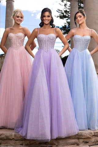 Cinderella prom dresses in pink, lilac, and blue.