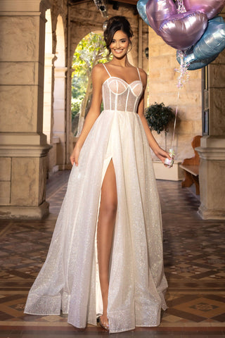 Ivory PS25312 gown with high slit and sweetheart neckline.