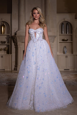 Ivory formal gown PS25315 with blue floral details