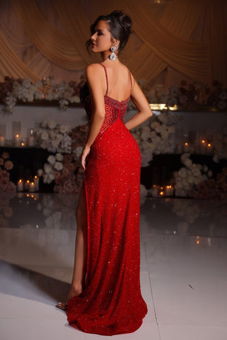 PS25431C Red Embellished Evening Gown