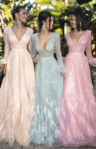 Champagne, Aqua, and Pink gowns worn by three women