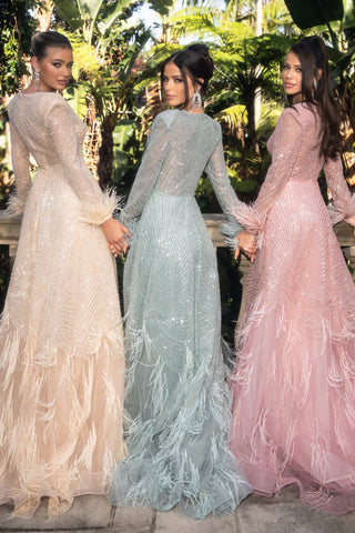 Champagne, Aqua, and Pink Sequin Gowns