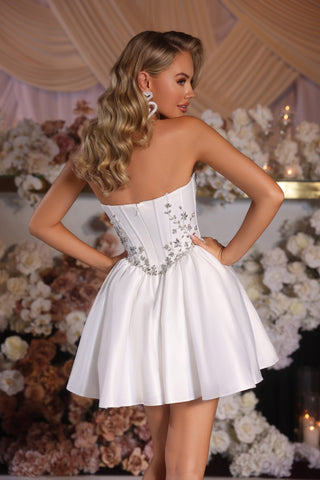 White mini dress PS25561, strapless, sparkling bodice