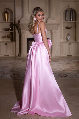 Pink satin gown PS25651E with bow detail