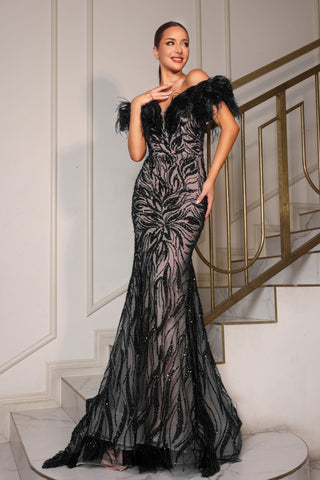 PS25682E Black Nude Feathered Evening Gown