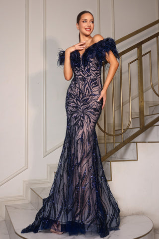 Navy feather embellished evening gown