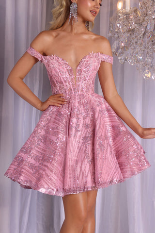Pink Off-Shoulder Sequin Dress - PS25735-02