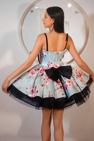 PS25765 Mint Floral Dress with Black Bow and Trim