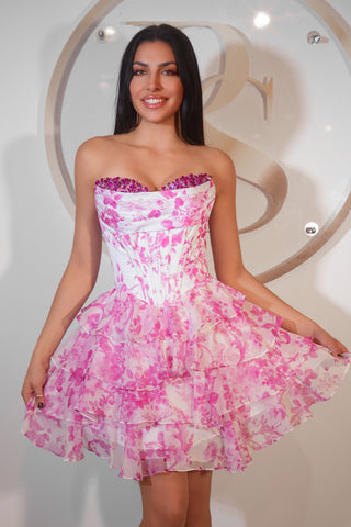 PS25798 Pink Floral Dress on Model