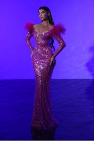 PS25926 Magenta Sequin Gown with Feather Detail