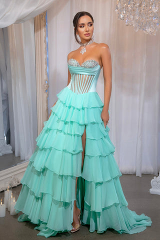 Mint tiered ruffle gown with slit