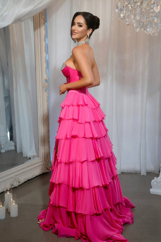 Woman in PS25961 Pink Ruffled Gown