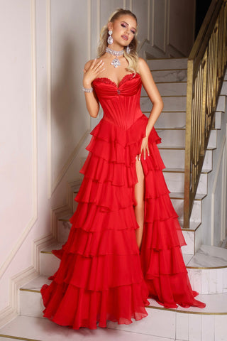Red ruffled gown PS25963-01