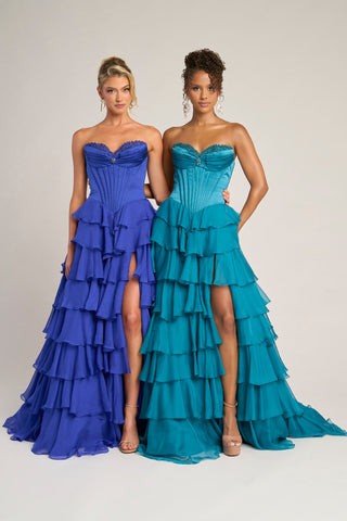 Two women in Royal Teal ruffle gowns