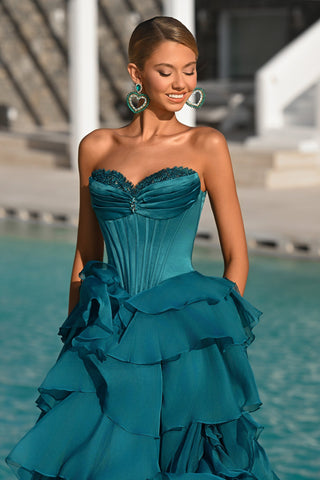 PS25963 Teal Dress - Woman in Ruffled Strapless Gown