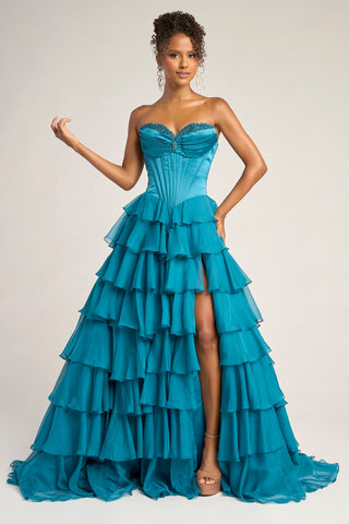 Teal tiered formal gown, PS25963.