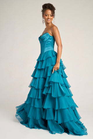 Teal layered formal gown, PS25963.