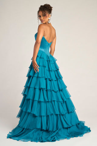 Teal tiered formal gown, PS25963.