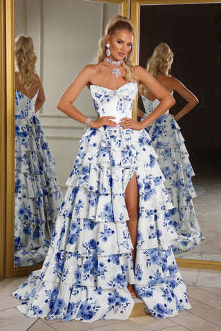 Blue floral print gown
