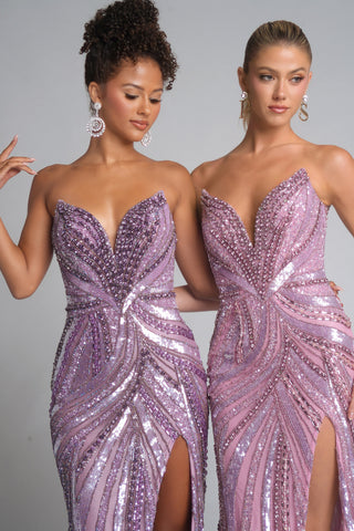 Two women in lilac beaded formal gowns