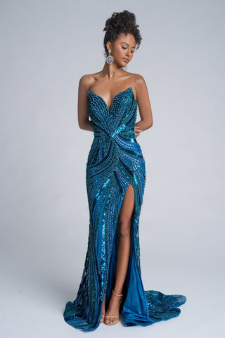 Peacock blue formal gown with high slit