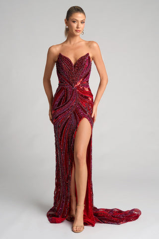 Red strapless evening gown PS25984C with high slit.