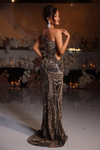 Black and Gold Sequin Gown PS25985C