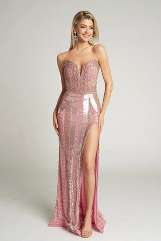 Pink sequin gown with high slit