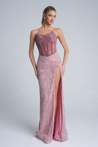 Pink sequin gown PS25990C with high slit