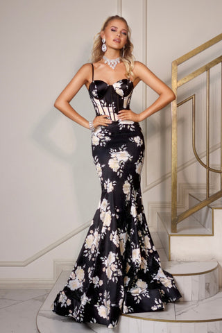 PS26000 Black & White Floral Evening Gown