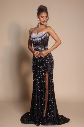 PS26002 Black embellished gown with high slit