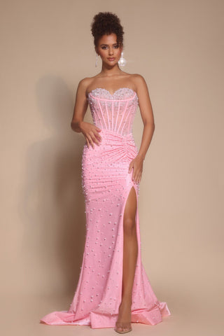 Pink formal gown PS26002 with beaded bodice and high slit