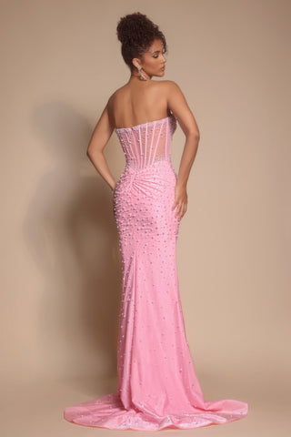 Pink beaded strapless gown PS26002