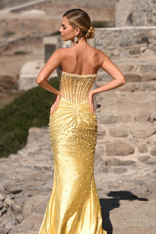 Yellow gown PS26002 with pearl embellishments
