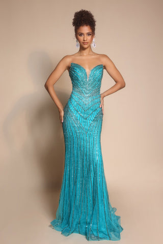 Peacock-inspired turquoise formal gown on model