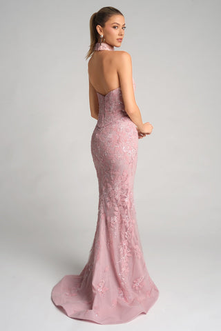 Pink lace halter gown