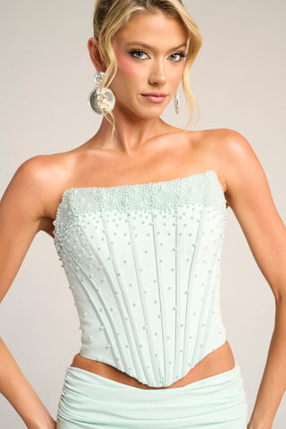 Seafoam corset top on model