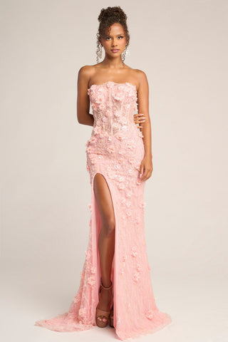 Blush floral strapless gown with thigh slit