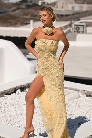 Yellow floral gown PS26011 with high slit