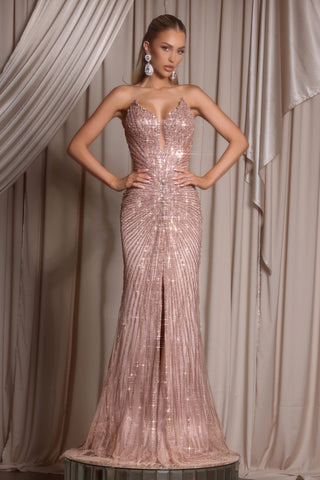 PS26012 Mocha Gold sequin gown with front slit